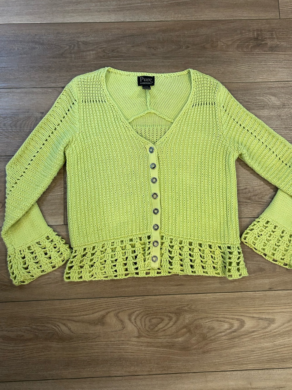 Vintage Pure Handknit Cardigan 90s Lime Green Cotton Crochet XS/S